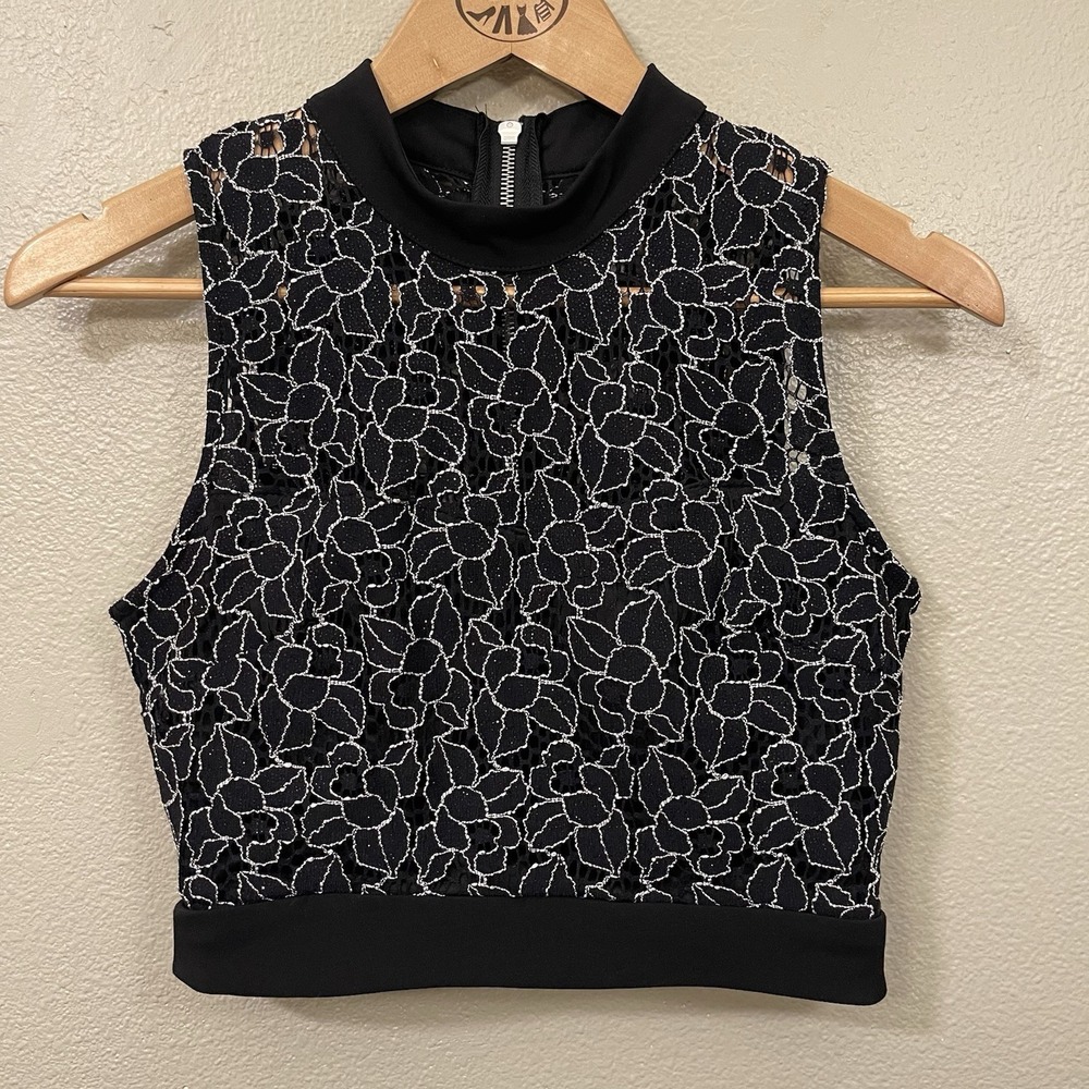 Sheer Lace Sparkle Crop Top Zipper Party Event Black White Whimsygoth Juniors 5